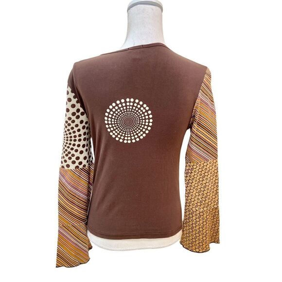 Lapis multi print bell sleeve cotton top beaded in cream/ browns/mauve sz small - Picture 5 of 11